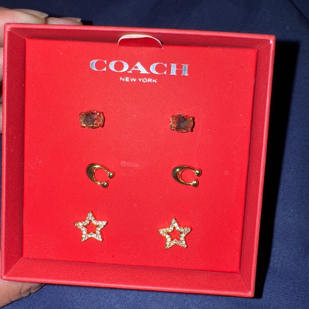 NEW Coach Signature Star Stud Earring Set Gold Pink CF985 Boxed